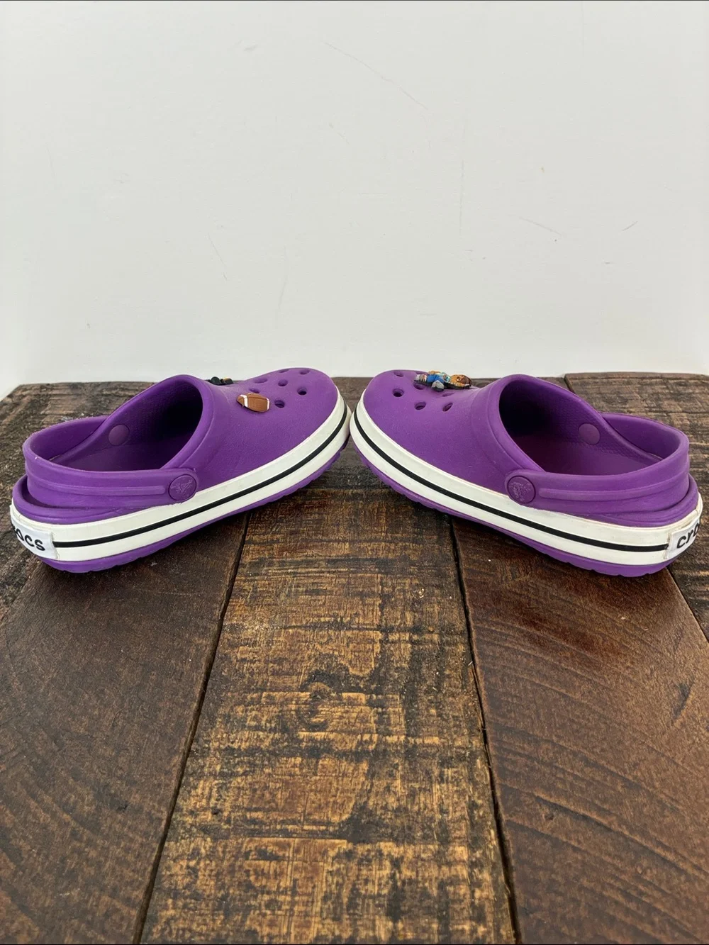 CROCS Kids Purple Slip-On Clogs 8/9 with Charms Diego Mickey Heel Strap
